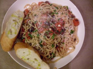 Plated puttanesca awesomeness. Plated puttanesca awesomeness.