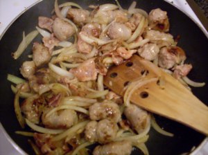 Meat and onions in pan