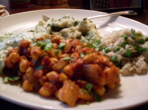 Chana masala and side dishes.