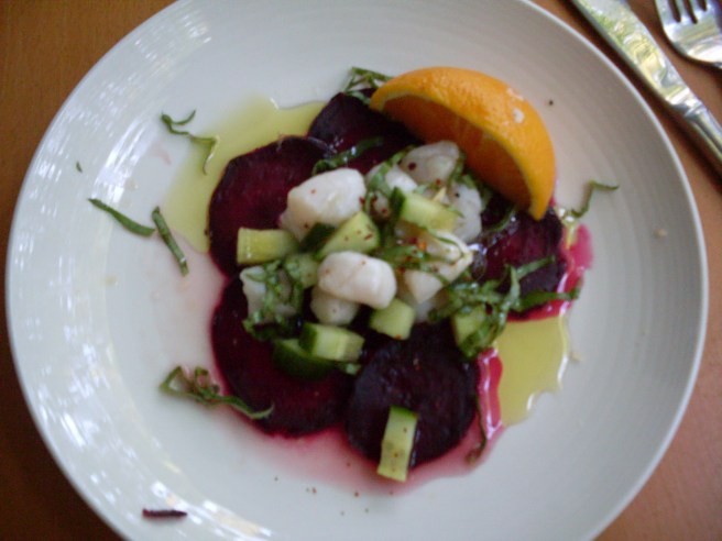 Scallop ceviche on a beet "carpaccio." See recipe, below.