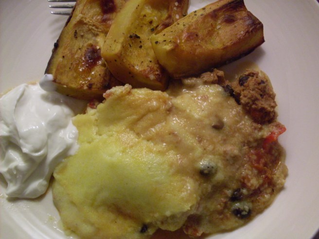 Tamale pie with yogurt and roasted squash.