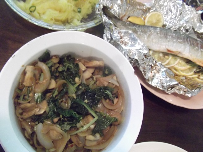 Bok choi and mushrooms with trout